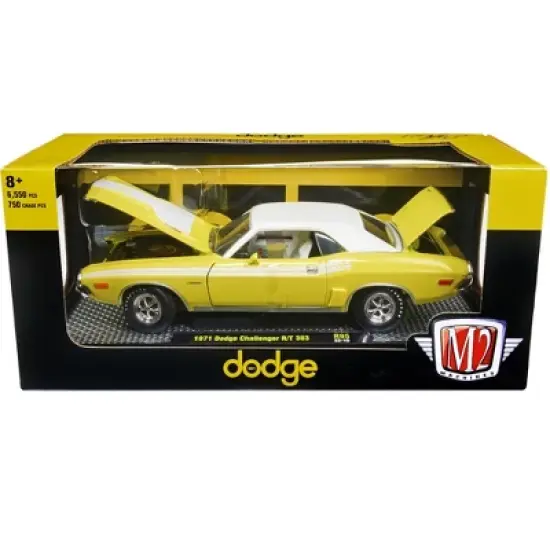 1971 Dodge Challenger R/T 383 Banana Yellow w/White Stripes and Vinyl White Top Ltd Ed 1/24 Diecast Model Car by M2 Machines image {2}