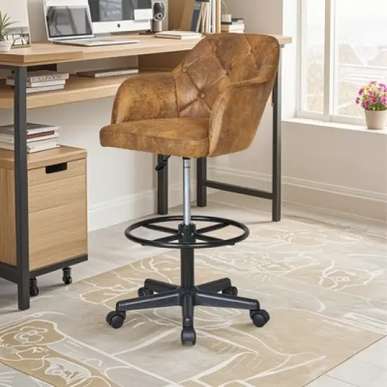 VECELO Drafting Chair with Adjustable Height PU Swivel Stool with Lumbar Support image {21}