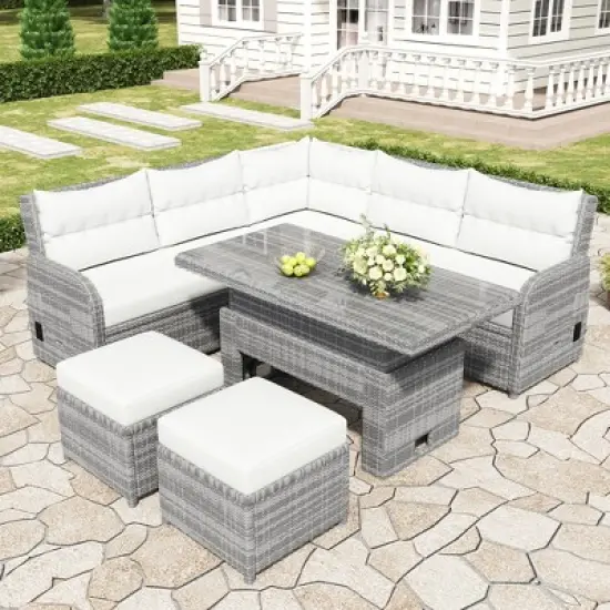 5-Piece Outdoor Rattan Furniture Set Patio Conversation Set with Recliners, Adjustable Table & Ottomans-- Frevyn image {15}