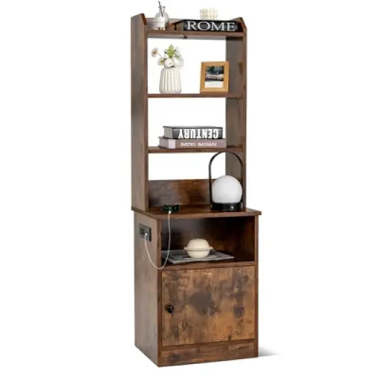 Tangkula Nightstand Bedside End Side Table Bookshelf w/ Charging Station image {10}