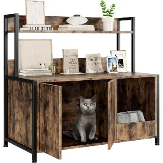 Rustic Brown Cat Litter Box Enclosure with Storage Shelves, Hidden Cabinet with Scratching Pad & Doors image {7}