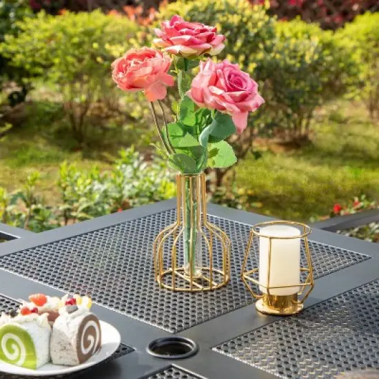 Captiva Designs 5pc Steel Outdoor Patio Dining Set with Patterned Arm Chairs & Square Table with Umbrella Hole Black image {3}