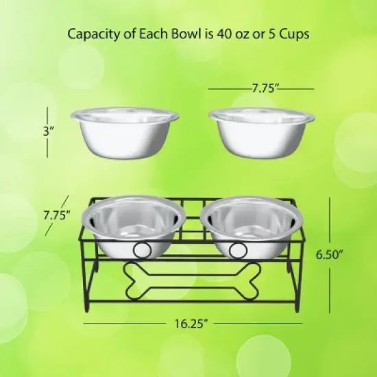 Elevated Dog and Cat Bowls - Decorative 6.5-Inch-Tall Raised Stand with 2 Stainless-Steel Food and Water Bowls - Hold 40oz Each by PETMAKER (Black) image {1}