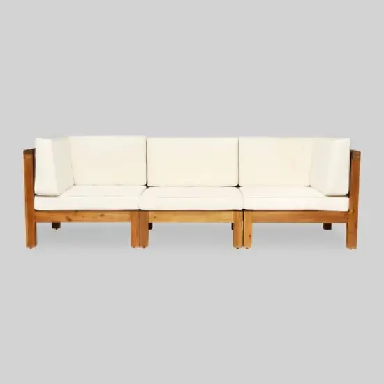 Oana 3pc Acacia Wood Patio Modular Sofa - Teak/Beige - Christopher Knight Home image {1}