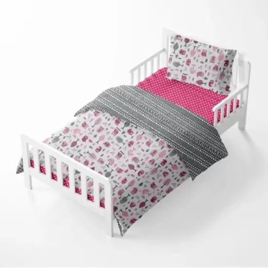 Bacati - Owls in the Woods Pink Fuschia Gray 4 pc Toddler Bedding Set image {2}