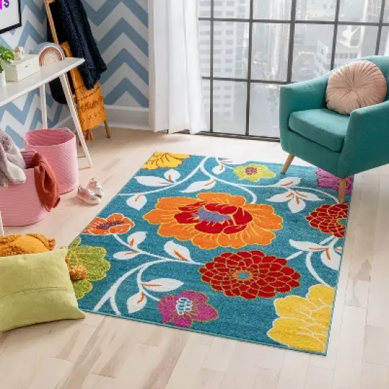 Well Woven Modern Daisy Flowers Blue Kids Room Floral Area Rug image {1}