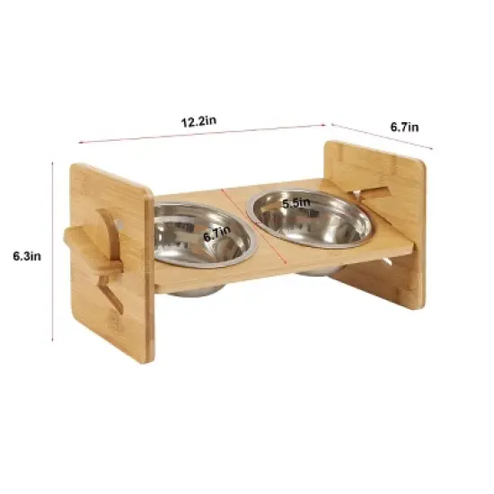 Artloge Elevated Dog Bowls Feeder Stand Bamboo 4 Level Adjustable Raised Food Water Pet Cat Feeding Station with two Bowls image {2}