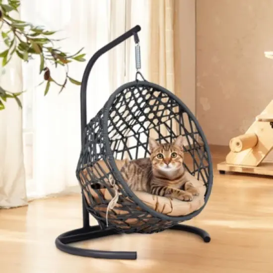 Indoor & Outdoor Hanging Wicker Cat Bed with Stand and Cushion, Egg Chair Style Swing for Small Pets-The Pop Home image {10}