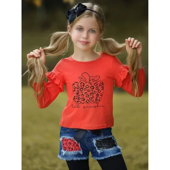 Girls Hello Pumpkin Top, Patched Denim Shorts & Legging Set Mia Belle Girls, Orange, 2T image {3}