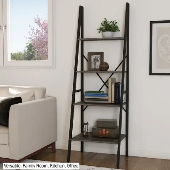Lavish Home 4-Tier Ladder Bookshelf &ndash; Freestanding Industrial Style Wooden Shelving, Gray/Black image {5}