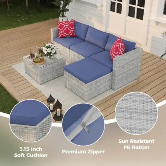 5-Piece Rattan Patio Set, All-Weather Wicker Sofa w/Glass Table and Ottoman, Anti-Slip Cushions - For Balcony, Porch, Garden image {5}