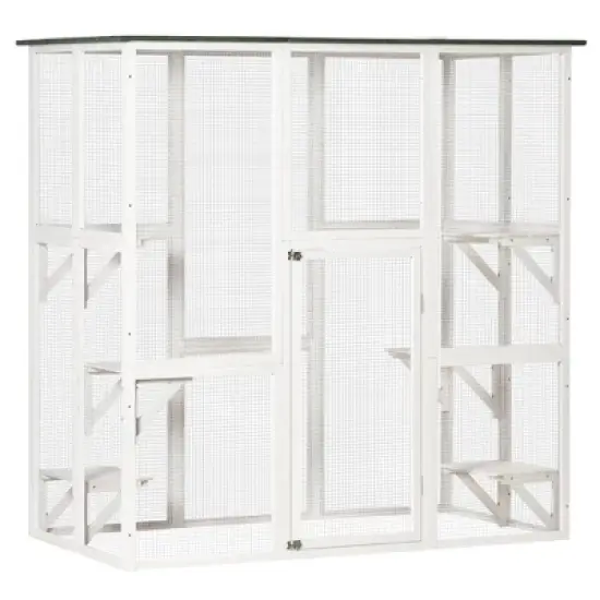 PawHut Large Wooden Outdoor Cat House Catio Enclosure, Kitten Cage with Weather Protection, Cat Patio with 6 Platforms - 71"L image {8}