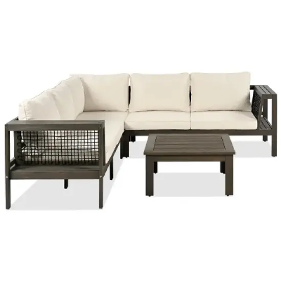 4-Piece Acacia Wood Corner Sectional Seats,L-Shaped Sofa With Woven Mesh Armrests And Cushions,Coffee Table -Maison Boucle image {5}