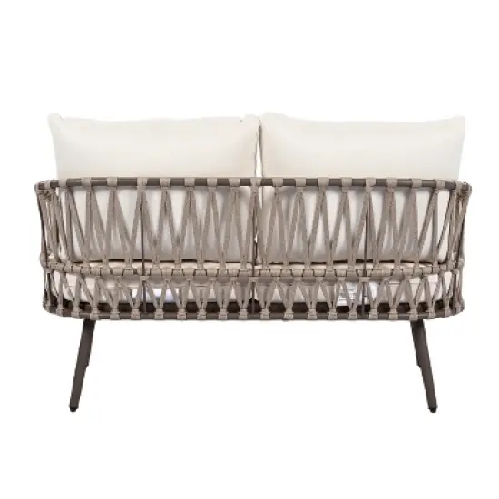 4-Piece Outdoor Patio Conversation Set Metal Frame Chairs with Woven Rope Backrest, Thick Cushions & Acacia Wood Coffee Table - ModernLuxe image {9}