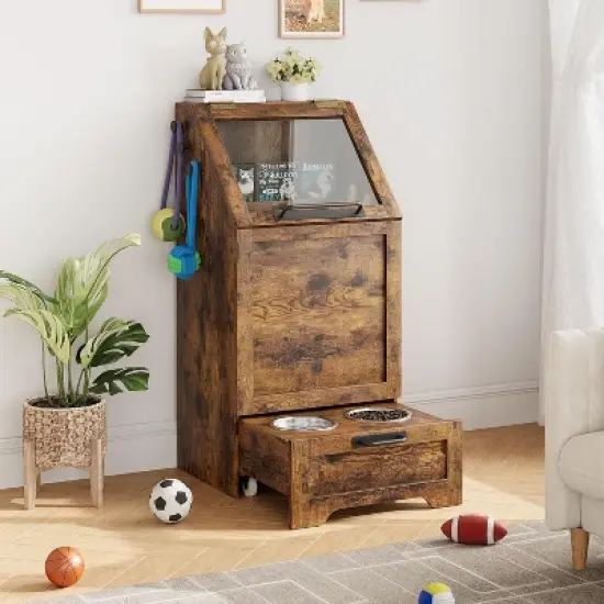 Pet Feeding Station with 2 Elevated Bowls, Pet Toy Storage Organizer Cabinet image {1}