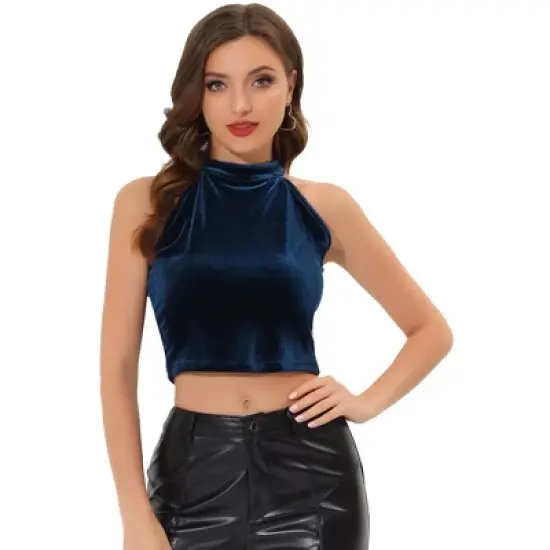 Allegra K Women's Halter Neck Velvet Velour Basic Layering Party Sleeveless Crop Top image {7}