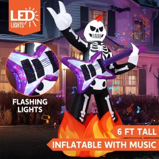Joyfy 6 FT Halloween Inflatable Outdoor Decoration, Skeleton Plays Guitar Inflatable with Music and LED Lights for Halloween Yard Garden Lawn Decor image {2}