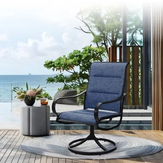 Captiva Designs 7pc Black Outdoor Dining Steel Table & Padded Textilene Swivel Chairs image {6}