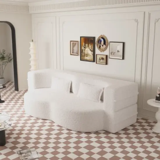 78" Convertible 2 Seater Sofa Bed Couch Twin Bed Sleeper Sofa With 2 Pillows Teddy Fabric Foam-Filled Floor Sofa Couch-Cuddlewood image {1}