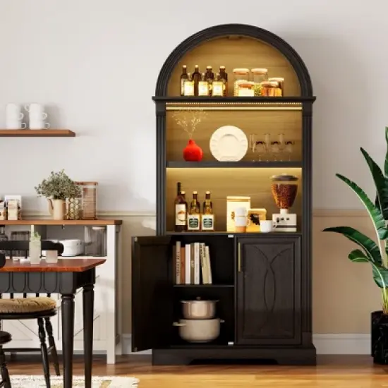 Fredees 71" Tall Arched Cabinet, Kitchen Pantry & China Cabinet, Arched Bookshelf with Open & Adjustable Shelves, Induction 3-Color Lights image {10}