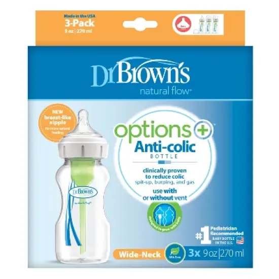 Dr. Brown's Anti-Colic Wide-Neck Options+ Baby Bottle 0m+ - 9oz/3pk image {1}