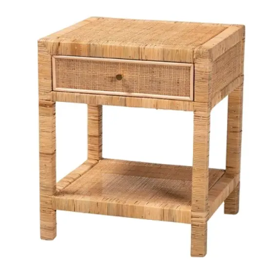 Adelia Natural Rattan & Mahogany 1 Drawer Nightstand with Shelf - Baxton Studio image {3}