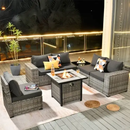 Marlton 7pc Wicker Outdoor Patio Furniture Set Conversation Sofa Set with a Fire Pit and Cushions image {14}