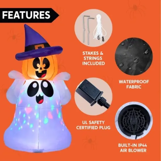 Joyfy 5 FT Halloween Inflatable Outdoor Decoration, Inflatable Playful Ghost with Pumpkin Witch Hat for Halloween Outdoor Yard Graden Lawn Decoration image {5}