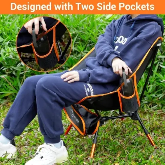 Sportneer Camping Chairs, Lightweight Outdoor Chairs Height Adjustable with 2 Side Pockets & Storage Bag (2, Orange) image {3}