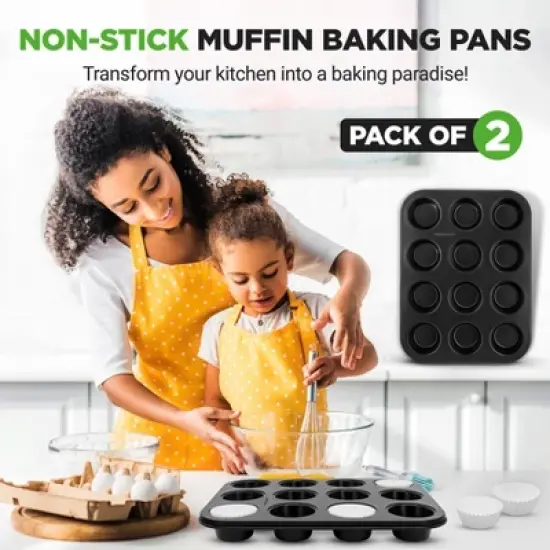 NutriChef Non-Stick 2-Piece 12 Cup Muffin Pans with 100 Parchment Liners - Carbon Steel image {1}