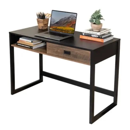 Oslo Contemporary Studio Workstation Desk with Drawer Black/Brown - Danya B. image {8}
