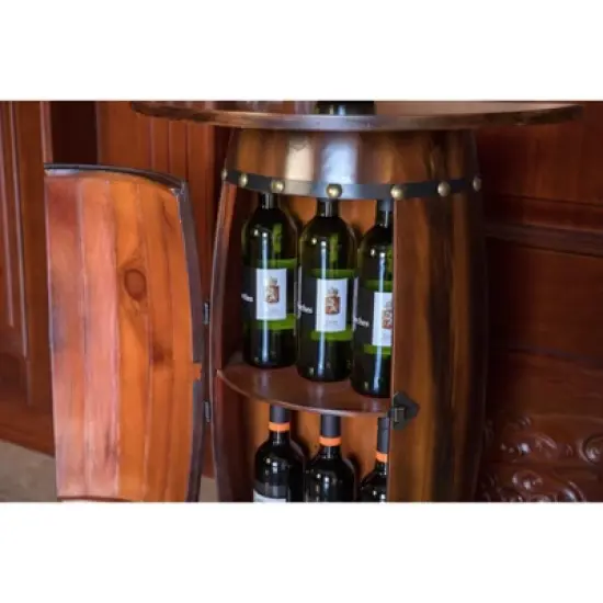 Vintiquewise Rustic Lockable Barrel Shaped Wine Bar Cabinet Wooden End Table image {5}