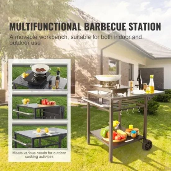 VEVOR Outdoor Grill Dining Cart with Double-Shelf, BBQ Movable Food Prep Table, Multifunctional Foldable Iron Table Top, Portable Modular Carts image {2}