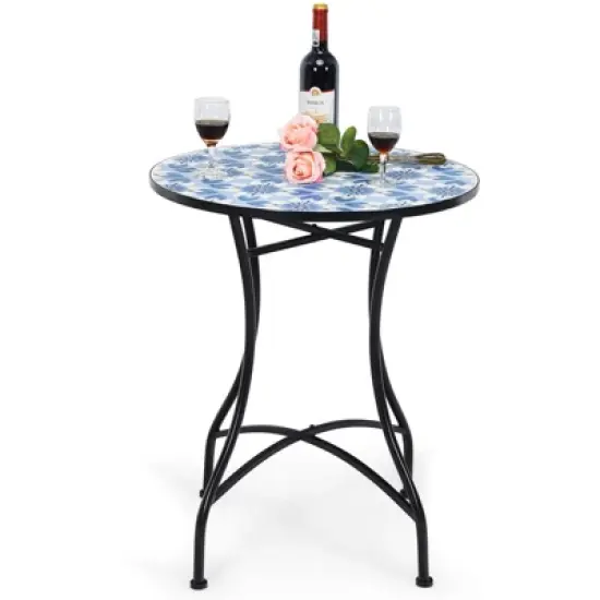 Tangkula 28.5" Patio Mosaic Round Bistro Metal Table with Heavy-Duty Steel Frame&Ceramic Tile Tabletop for Outdoor Garden Deck Backyard image {1}