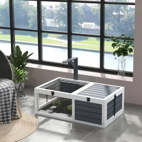PawHut Tortoise Habitat, Wooden Tortoise House, Indoor Outdoor Tortoise Enclosure with Lamp Holder, Pull-out Waterproof Trays, Openable Lids, Gray image {1}