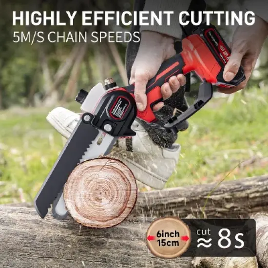 Gardenjoy Cordless Mini Chainsaw - 6 Inch - 21V with 2 Batteries & 2 Chains - Safety Lock & Auto Oiler image {3}