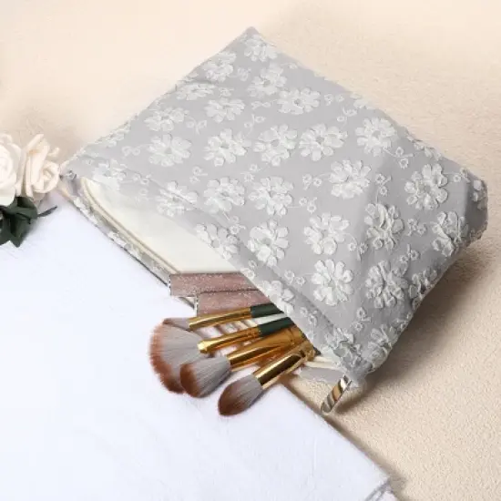 Unique Bargains Portable Canvas Large Capacity Zipper Floral Makeup Bag 1 Pc image {2}