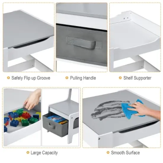 Costway Kids Table Chairs Set With Storage Boxes Blackboard Whiteboard Drawing GreyNature image {8}