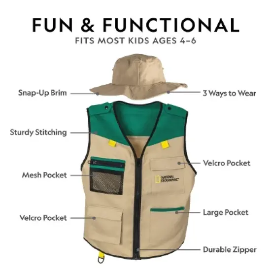NATIONAL GEOGRAPHIC Backyard Safari Costume and Outdoor Explorer Set for Kids, Includes Safari Vest, Hat, Binoculars, Magnifying Glass, Journal image {2}