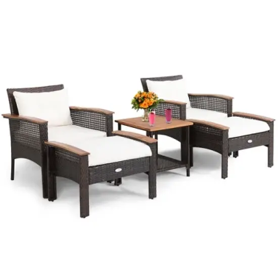 Costway 5PCS Patio Rattan Furniture Set Acacia Wood Table Armrest Cushion Yard image {2}