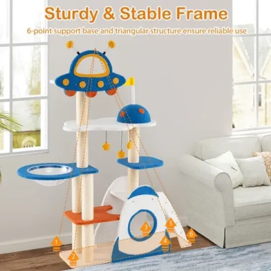 Tangkula Space Theme Cat Tree w/ Sisal Covered Scratching Posts UFO-shaped Top Perch image {3}
