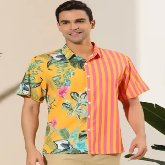 Lars Amadeus Men's Striped Shirt Point Collar Button Up Flower Print Summer Hawaiian Floral Patchwork Shirt image {1}