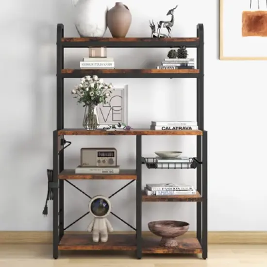 Bakers Rack with Power Outlet, 5-Tier Microwave Stand with Wire Basket, Coffee Bar Station, Kitchen Open Storage Shelves for Spices, Dishes image {9}