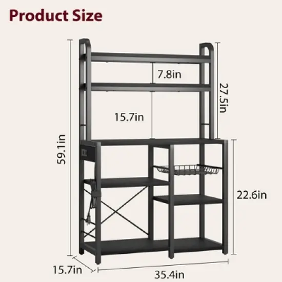 Bakers Rack with Power Outlet, Coffee Bar with Wire Drawer, Microwave Stand, Kitchen Baker Table with Large Storage image {1}
