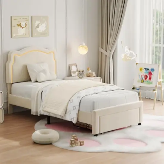 Whizmax Twin Velvet Platform Bed - Adjustable Bear Headboard with RGB LED Lights, Noise-Free Kids Bed Frame, No Box Spring image {3}