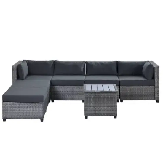 7pc Outdoor Set with Rattan Sofa & Cushions - Gray - GODEER image {3}