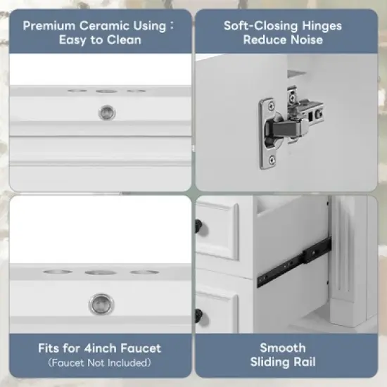 Gulches 30 inch Bathroom Vanity with Ceramic Sink Small Bathroom Cabinet Modern 2 Drawers Adjustable Shelf French Simplicity Style White image {5}