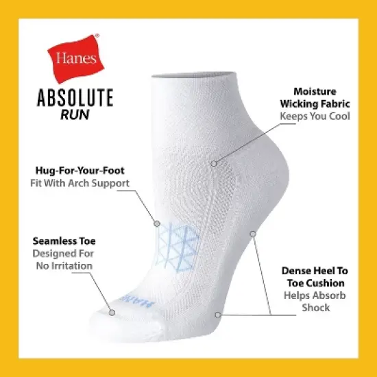 Hanes Women's Absolute Run 3pk Ankle Socks - White 5-9: Polyester Blend, Arch Support, Cushioned Sole, Seamless Toe, Knit image {4}