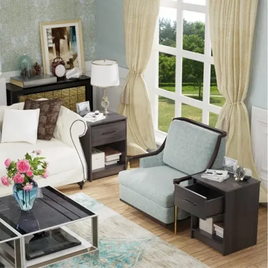 Costway Nightstand with Drawer Storage Shelf Wooden End Side Table Bedroom Brown / Black / Natural image {8}