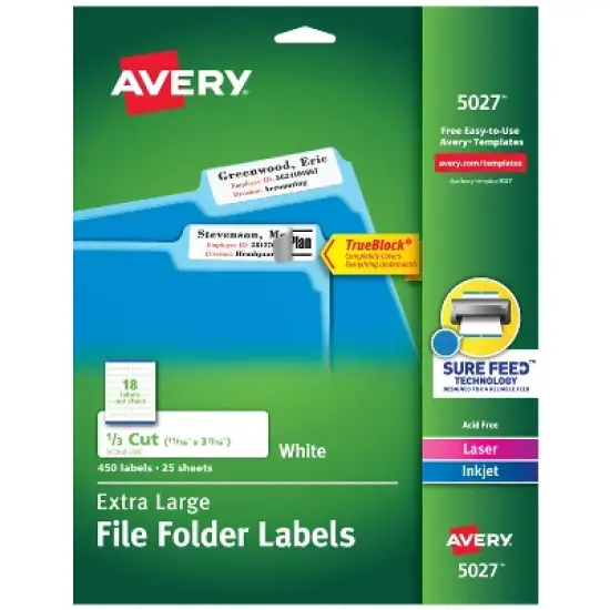 Avery TrueBlock Extra Large File Folder Labels, 15/16" x 3-7/16", 450 Printable Labels, White (5027) image {8}